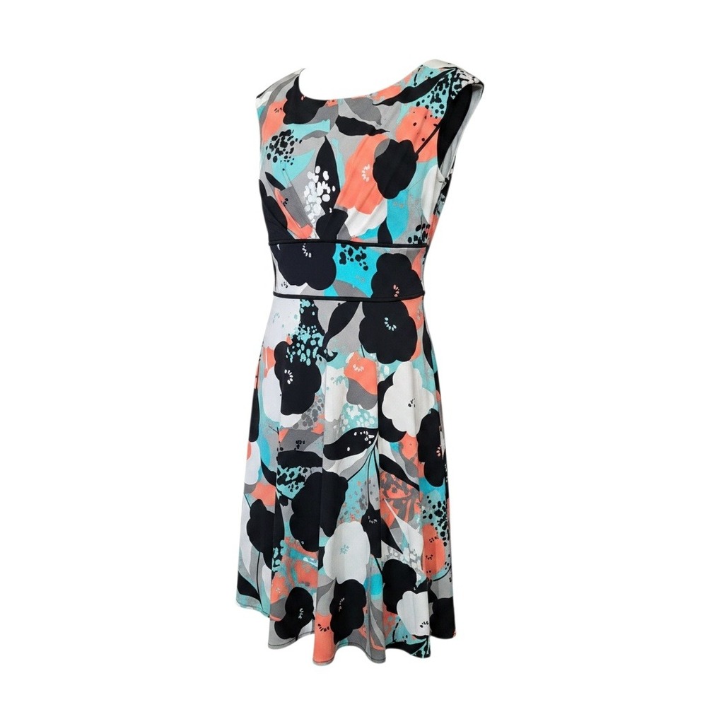 Dressbarn Womens‎ Floral Fit and Flare Dress Coral Teal Black Size 8 Sleeveless